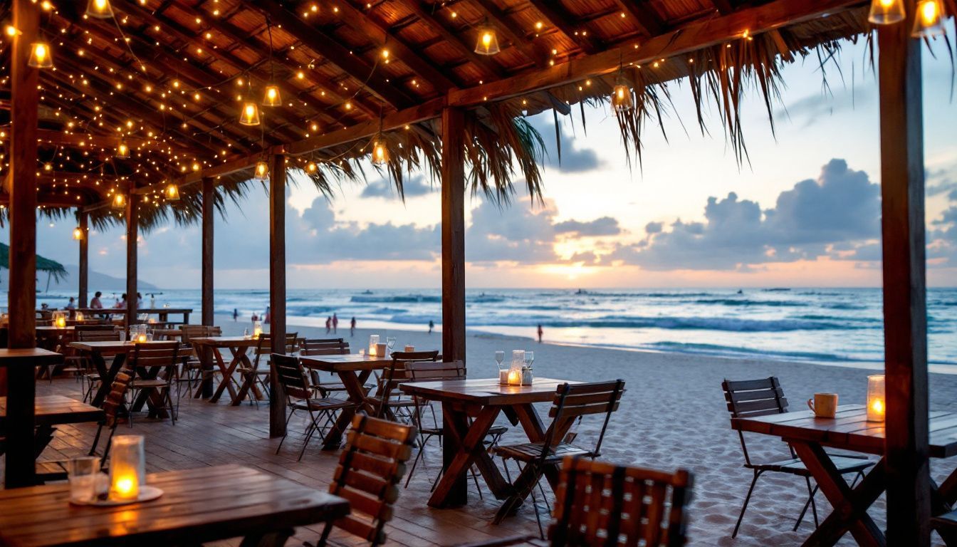 Beachfront restaurant at sunset